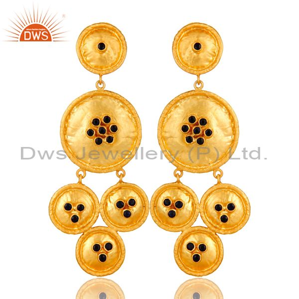 22K Yellow Gold Plated Sterling Silver Blue Sapphire Disc Chandelier Earrings