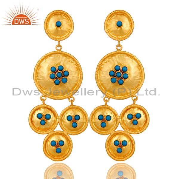 22K Matte Yellow Gold Plated Sterling Silver Turquoise Disc Chandelier Earrings
