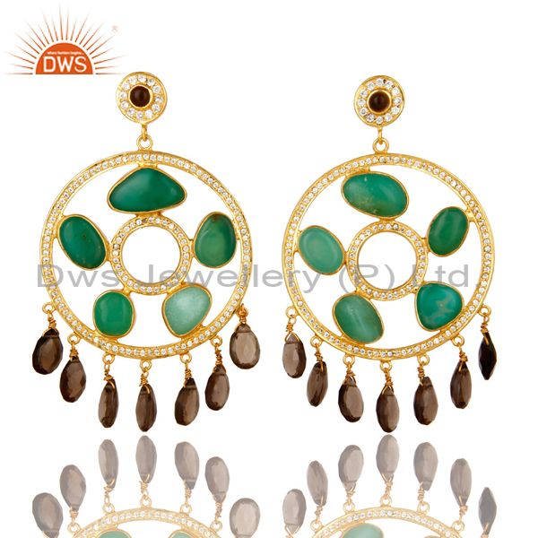 22K Gold Plated Sterling Silver Chrysoprase And Smoky Quartz Chandelier Earrings