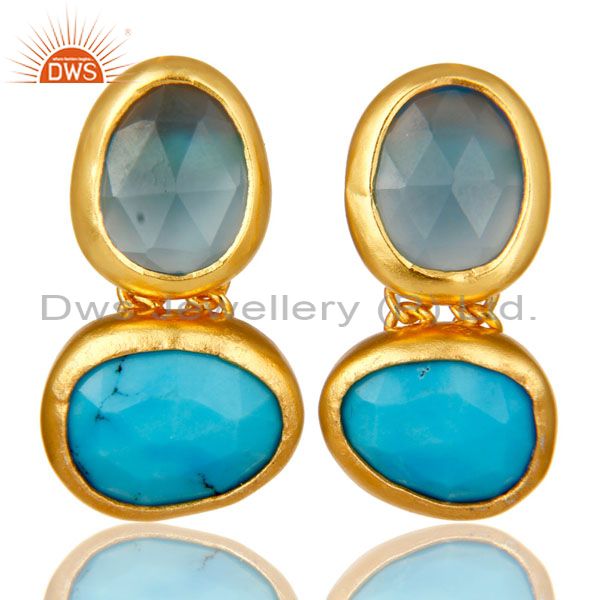 18K Yellow Gold Plated Sterling Silver Chalcedony And Turquoise Dangle Earrings