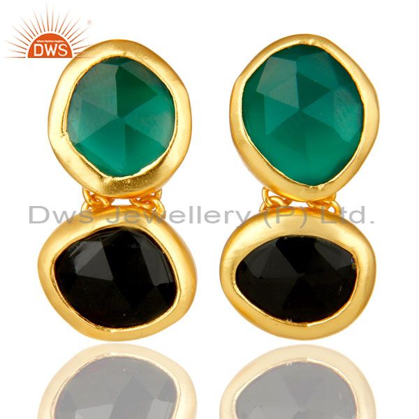 18K Yellow Gold Plated Sterling Silver Green Onyx And Black Onyx Dangle Earrings