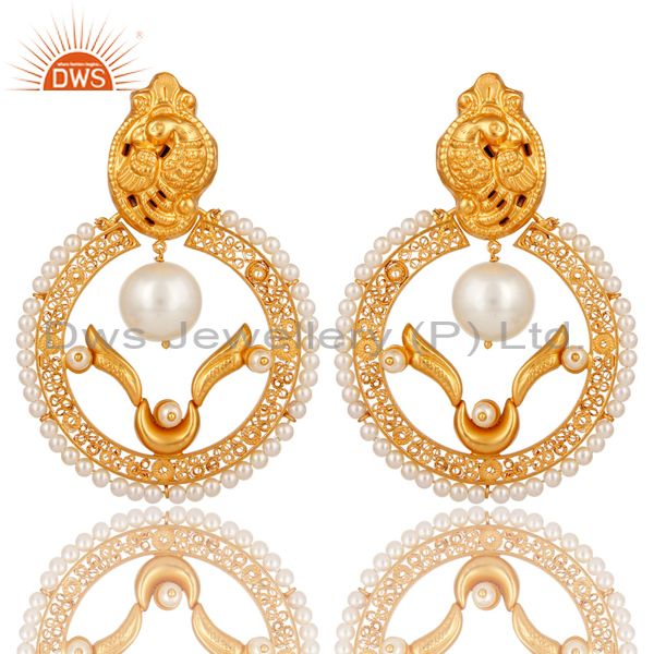 18K Yellow Gold Plated Sterling Silver White Pearl Beaded Traditional Earring