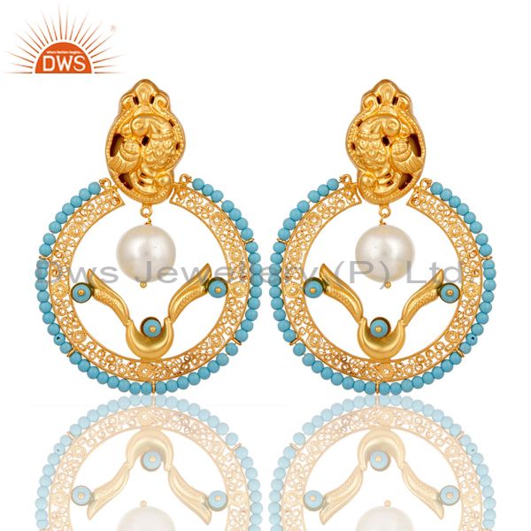 18K Yellow Gold Plated Sterling Silver Turquoise and Pearl Traditional Earring