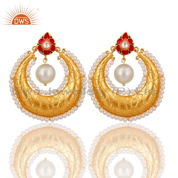 Crystal Polki and White Pearl 18K gold Plated Sterling Silver Enamel Earring
