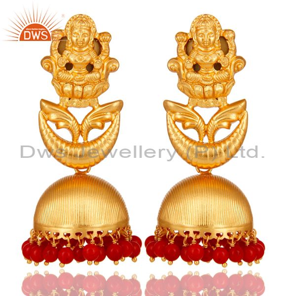 18K Gold Plated Sterling Silver Temple Jewelry Jhumka Earring with Coral
