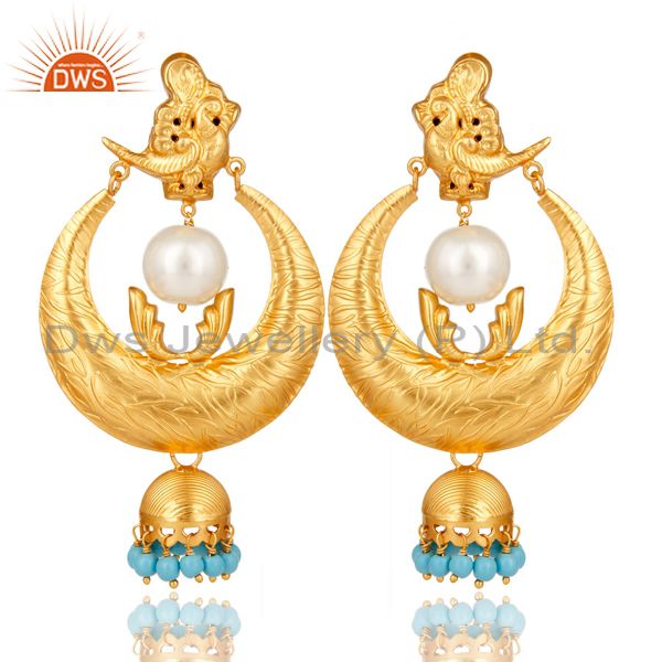 18K Gold Plated Sterling Silver White Pearl and Turquoise Temple Jewelry Earring