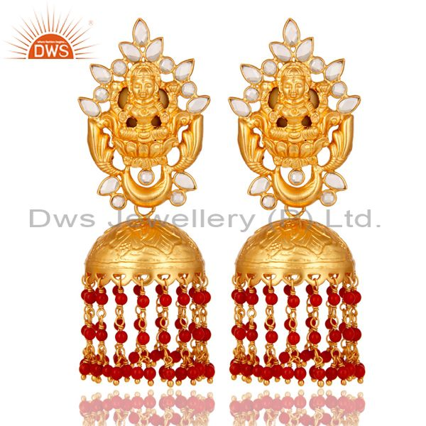 18K Gold Plated Sterling Silver Coral and CZ Temple Jewelry Earring Jhumki