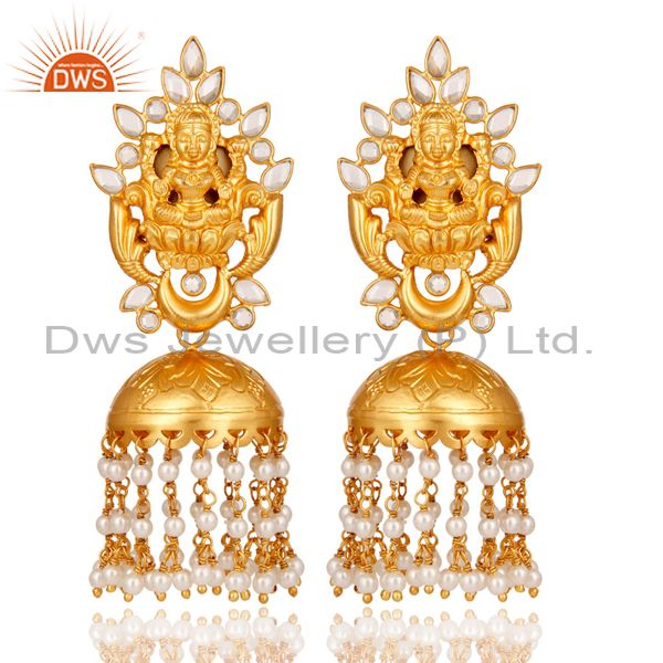 18K Gold Plated Sterling Silver Pearl and CZ Temple Jewelry Earring Jhumki
