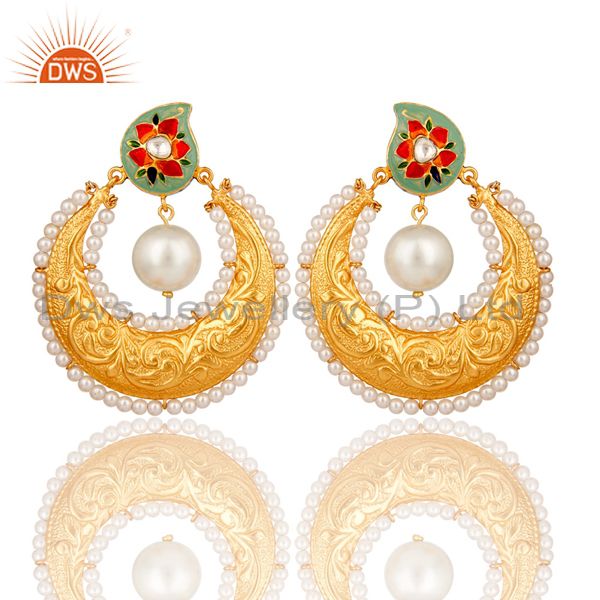 18K Gold Plated Sterling Silver Crystal Polki and Pearl Enamel Earring