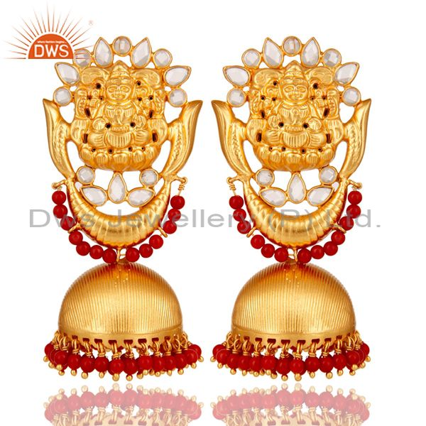 18K Gold Plated Sterling Silver Temple Jewelry Coral and CZ Earring Jhumka