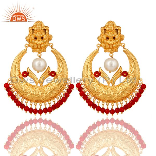 Coral and Pearl Beads 18K Gold Plated 925 Silver Temple Jewelry Jhumka Earring