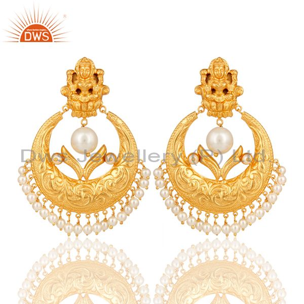 Pearl Beads 18K Gold Plated 925 Silver Temple Jewelry Jhumka Earring