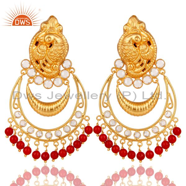 Coral and CZ 18K Gold Plated Sterling Silver Jhumka Earring Temple Jewelry