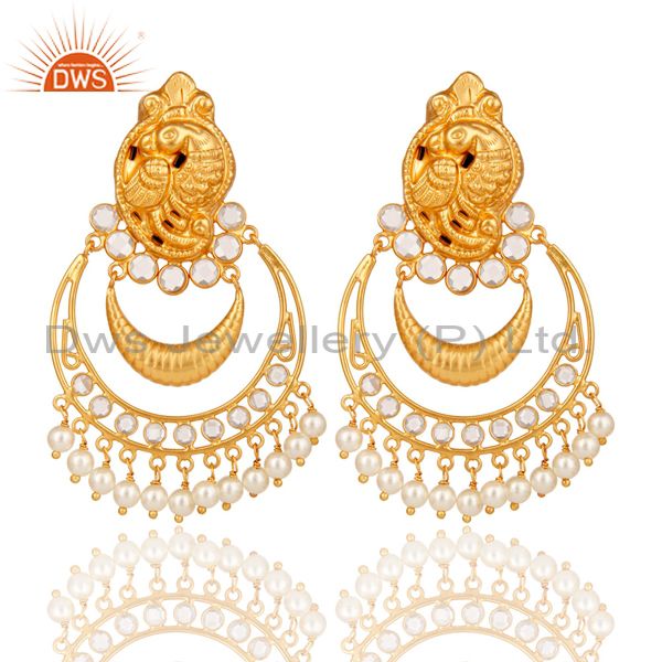 Pearl and CZ 18K Gold Plated Sterling Silver Jhumka Earring Temple Jewelry