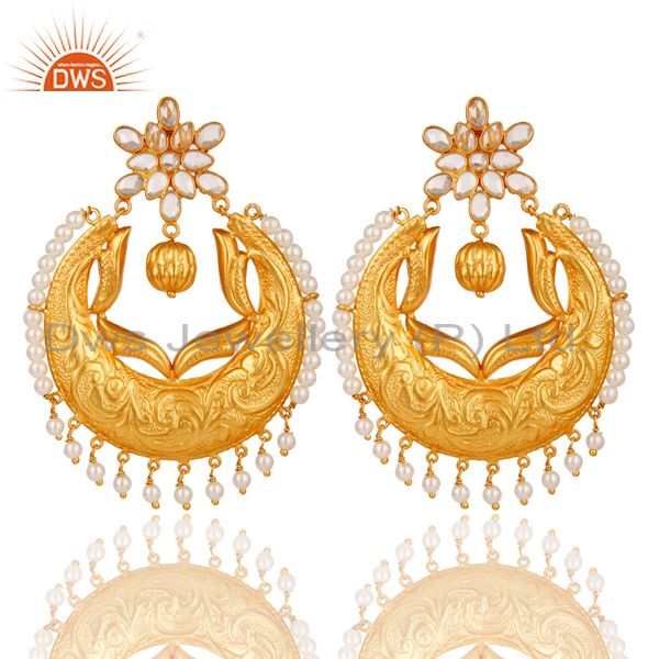 Pearl and Cubic Zircon Sterling Silver 18K Gold Plated Chand Bali Earring
