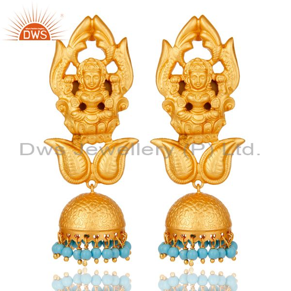 Cultured Turquoise 18K Gold Plated Sterling Silver Jhumka Earring Temple Jewelry