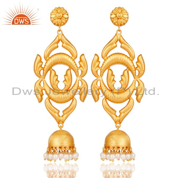 18K Gold Plated Sterling Silver Traditional Design Jhumka Earring With Pearl
