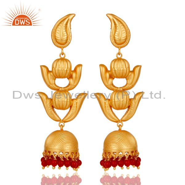 Traditional Jhumka Earring with 18K Gold Plated Sterling Silver and Coral