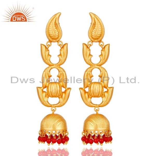 Traditional 18k Gold Plated Jhumka Earrings With Coral