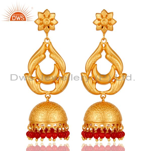 18K Gold Plated Sterling Silver and Coral Traditional Design Jhumka Earrings