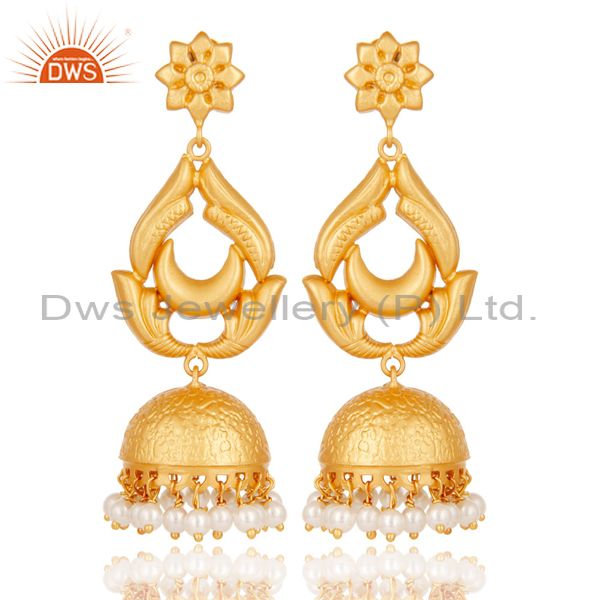 18K Gold Plated Sterling Silver and Pearl Traditional Design Jhumka Earrings