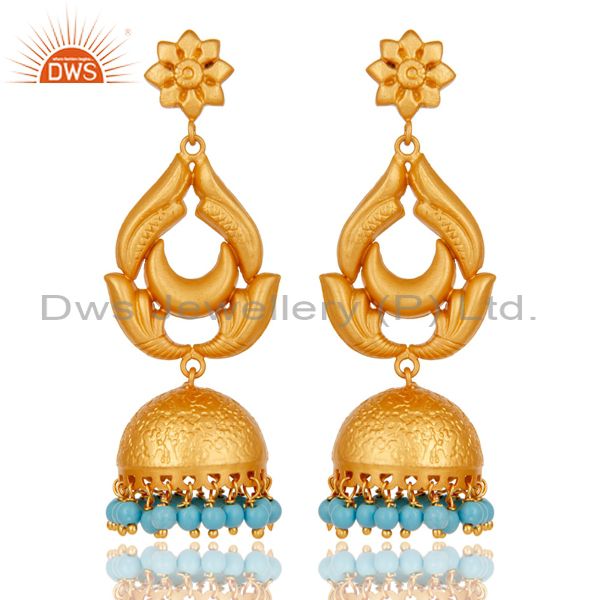 18K Gold Plated 925 Sterling Silver Traditional Turquoise Jhumka Earrings