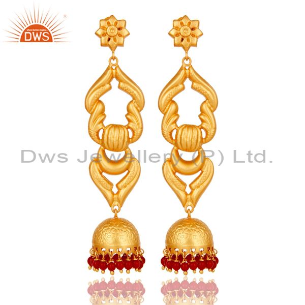 18K Gold Plated Sterling Silver With Coral Traditional Design Jhumka Earrings