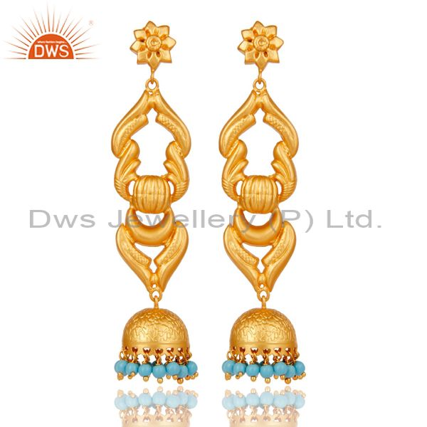 18K Gold Plated Traditional Jhumka Earrings With Sterling Silver and Turquoise