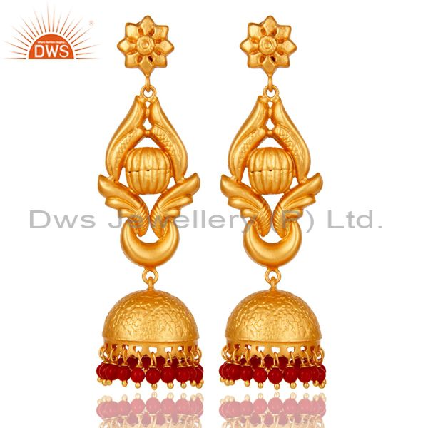 18K Gold Plated Traditional Jhumka Earrings With 925 Sterling Silver and Coral