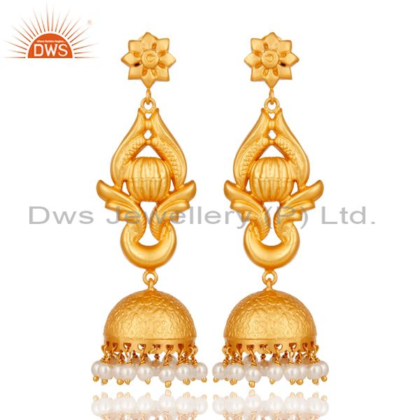 18K Gold Plated Traditional Jhumka Earrings With 925 Sterling Silver and Pearl