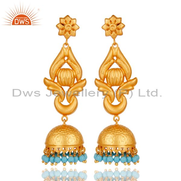 22K Gold Plated 925 Silver Traditional Handmade Turquoise Jhumka Earrings