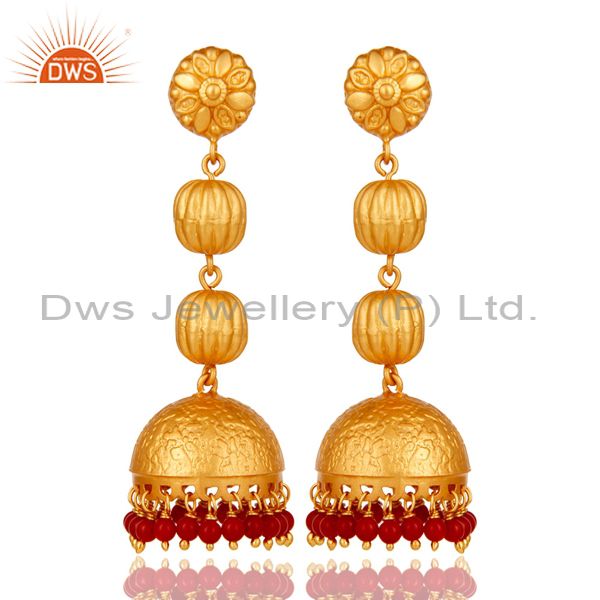 Tradional Coral Jhumka Earrings With 18K Gold Plated With Sterling Silver