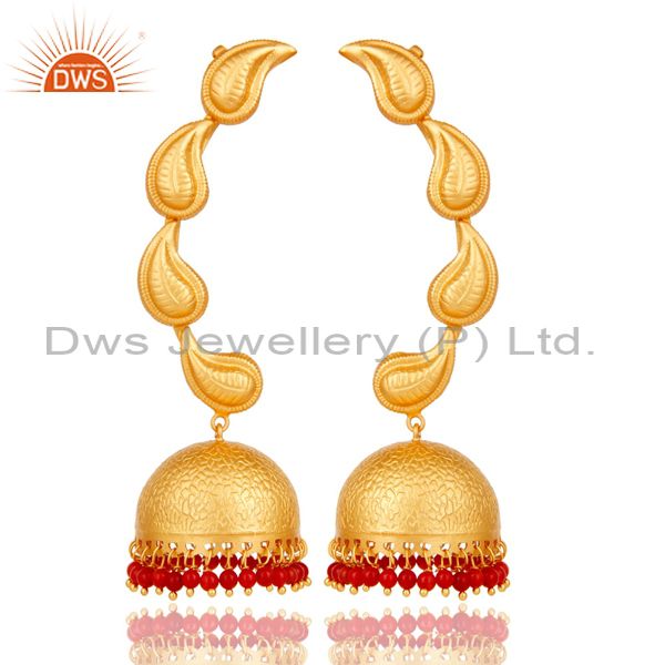 Traditional Jhumka Earrings 18k Gold Plated With Sterling Silver And Coral