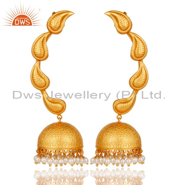 Traditional Jhumka Earrings 18k Gold Plated With Sterling Silver & Pearl