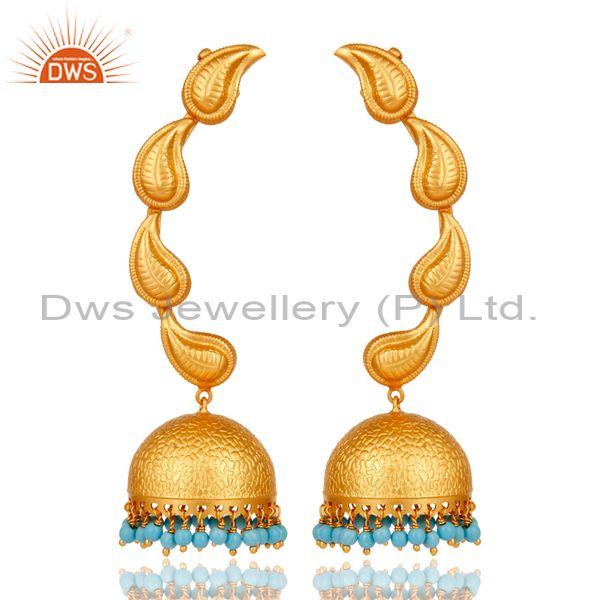 Traditional Jhumka Earrings 18k Gold Plated With Sterling Silver And Turquoise