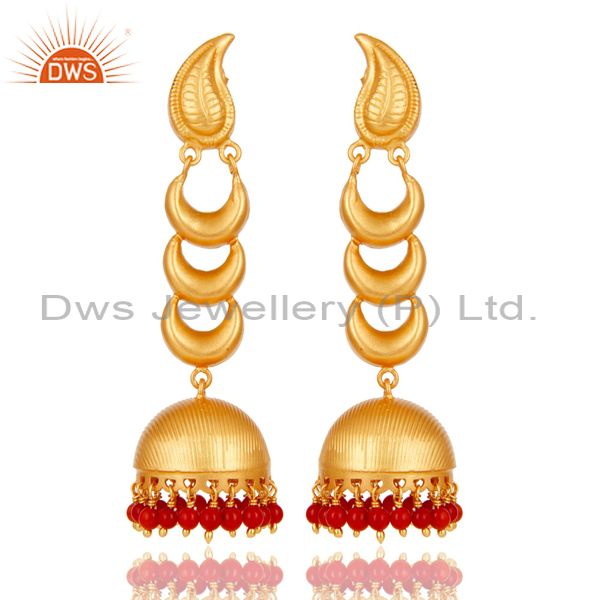 18k Gold Plated Traditional Jhumka Earrings With Sterling Silver And Coral
