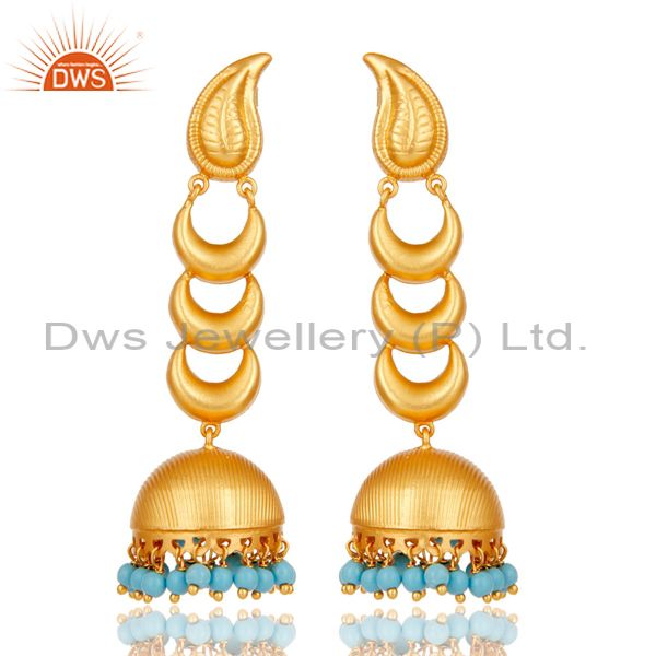 18k Gold Plated Traditional Jhumka Earrings With Sterling Silver & Turquoise