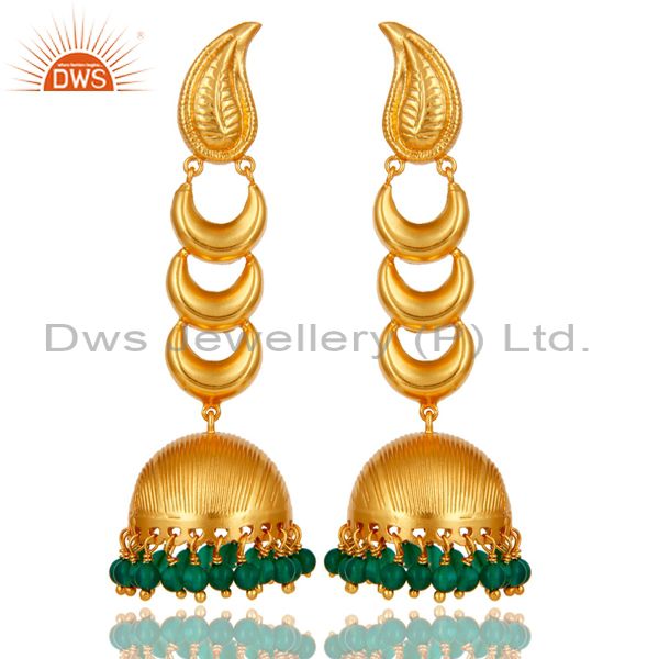 18k Gold Plated Traditional Jhumka Earrings With Sterling Silver & Green Onyx