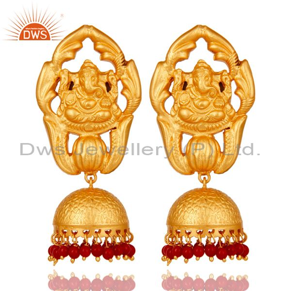 Traditional Jhumka Earrings 18k Gold Plated Sterling Silver Coral Ganesha Design