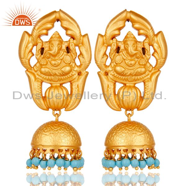 Turquoise Traditional Jhumka Earrings 18k Gold Plated Sterling Silver Ganesha