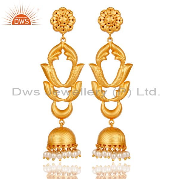 Pearl Traditional Jhumka Earrings 18k Gold Plated Sterling Silver Ganesha