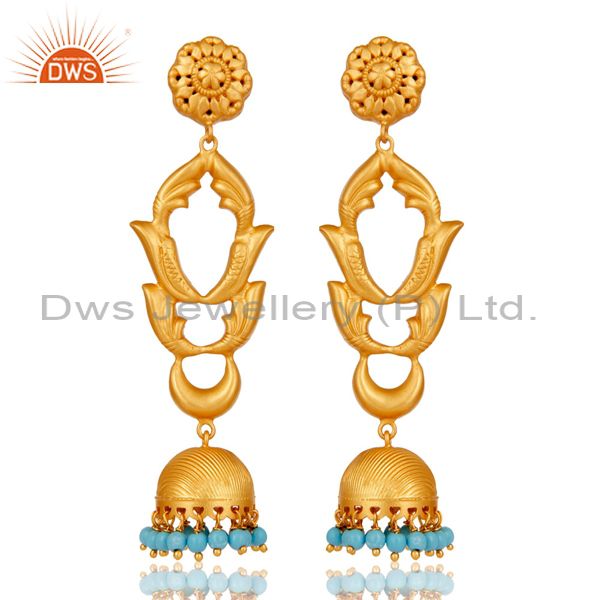 Turquoise Traditional Jhumka Earrings 18k Gold Plated With Sterling Silver