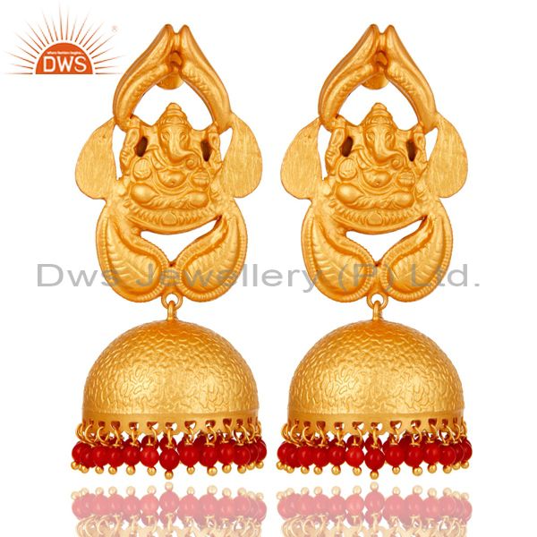 Coral Traditional Jhumka Earrings 18k Gold Plated Sterling Silver Ganesh design