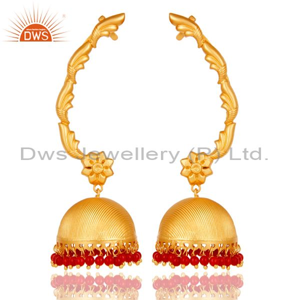 Traditional Jhumka Ear Cuff with 18K Gold Plated Sterling Silver and Coral