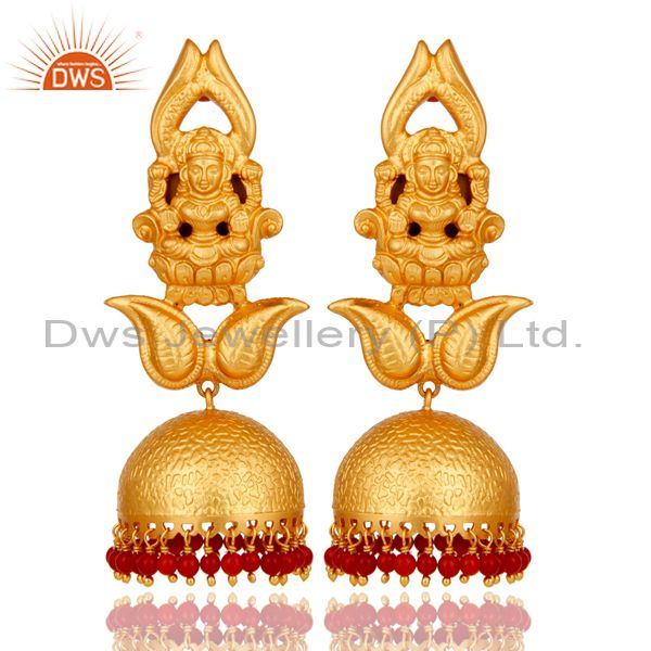 18k Gold Plated Traditional Jhumka Earrings with 925 Sterling Silverl and Coral