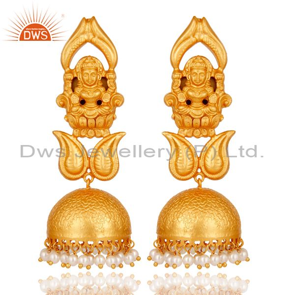 18k Gold Plated Traditional Jhumka Earrings with 925 Sterling Silverl & Pearl