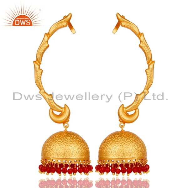 Ear Cuff Traditional Jhumka 18K Gold Plated Sterling Silver and Coral