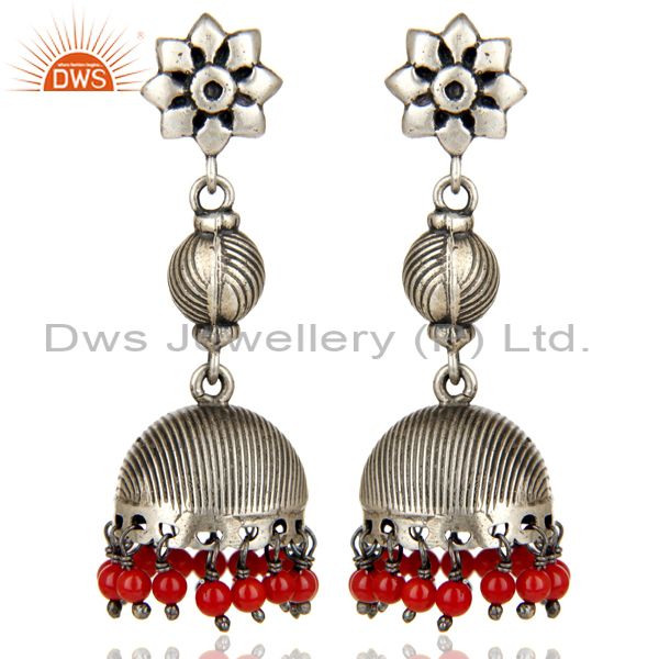 Black Oxidized 925 Sterling Silver Handmade Red Coral Jhumka Earrings Jewelry