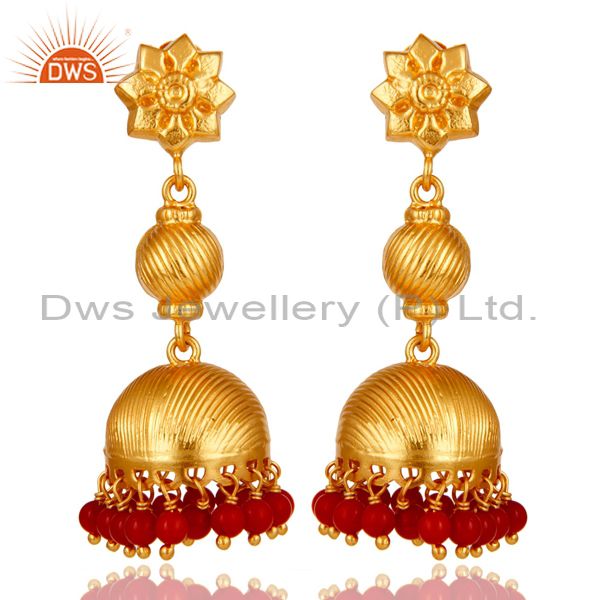 24K Gold Plated 925 Sterling Silver Handmade Red Coral Jhumka Earrings Jewelry