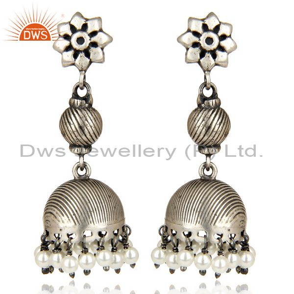 Black Oxidized 925 Sterling Silver Handmade Pearl Jumka Earrings Gift Jewelry